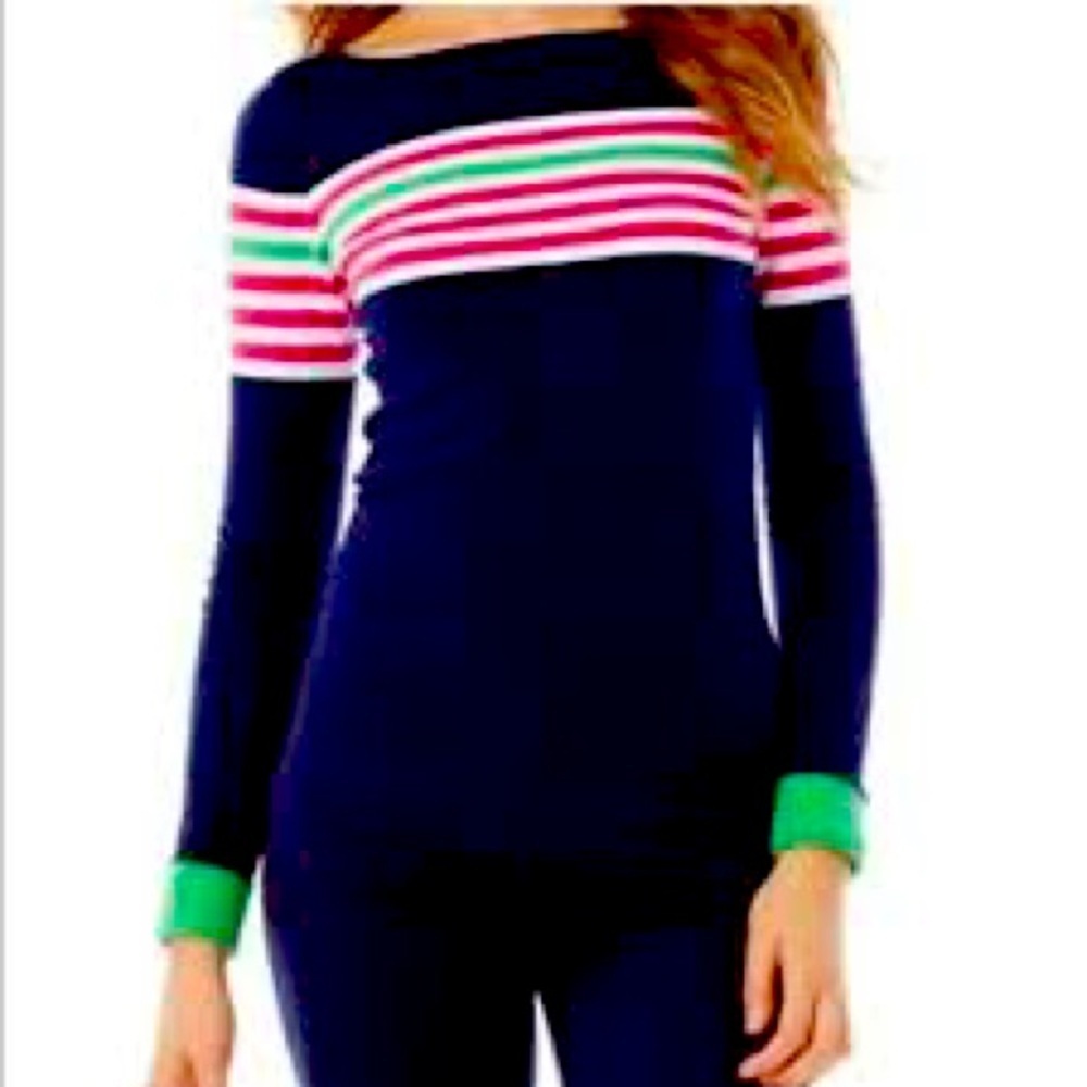 Lilly Pulitzer Maria sweater, navy and rainbow stripes size small